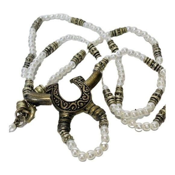 Vintage White Faux Pearl Horse Shoe Brass Long Naja Southwestern Bead Necklace - Picture 5 of 10